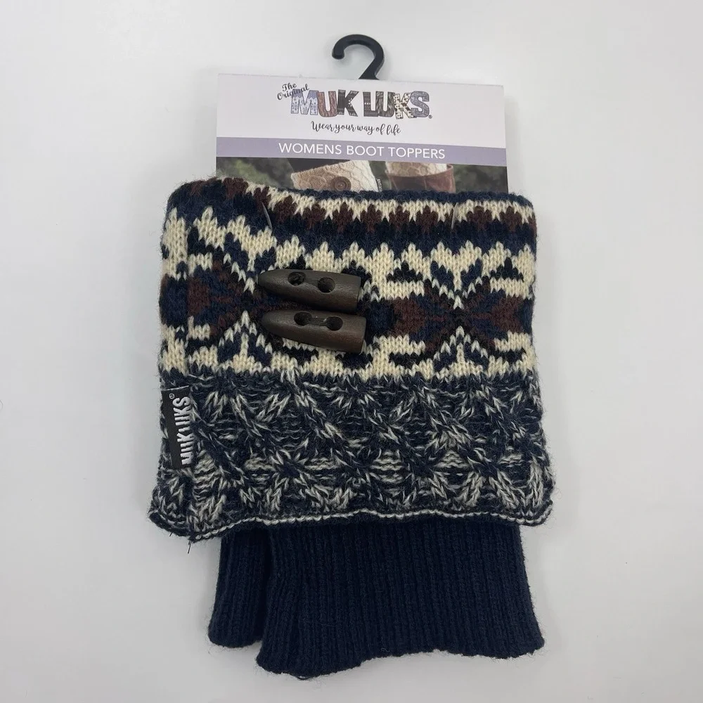 Muk Luks Women Knit Cuff Boot Toppers Blue Brown‎ Argyle Button Acrylic NEW